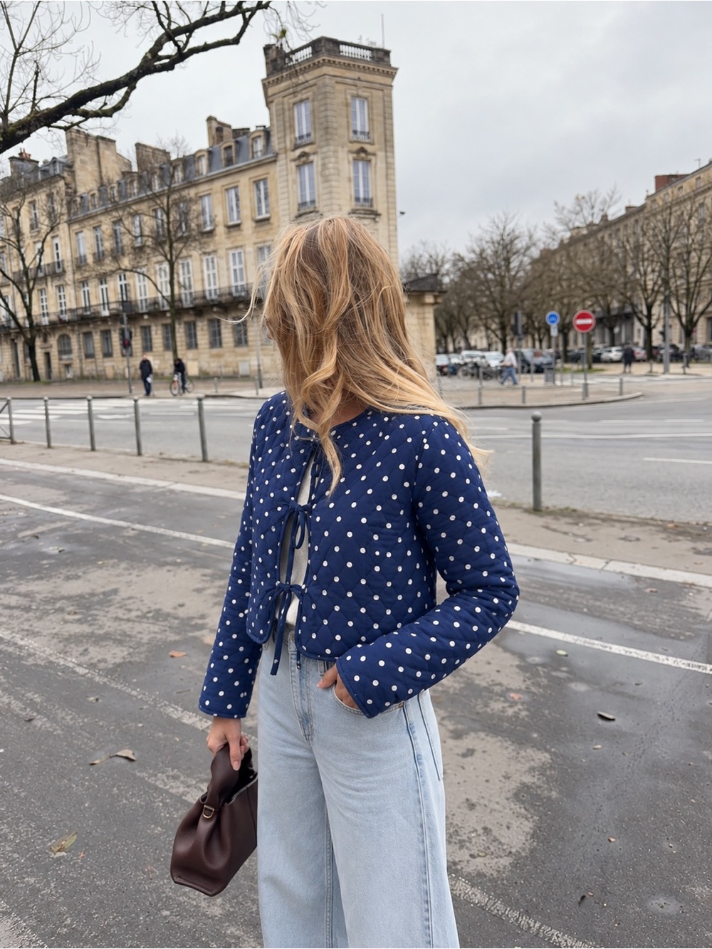 Avec Les Filles Navy Polka Dot Quilted Tie Front Jacket NWT Cotton Medium
